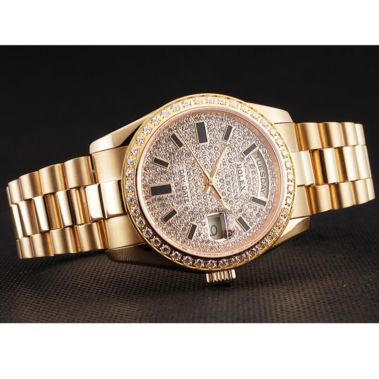Aaa replica watch Swiss Day Pave Rolex And Case Bezel Gold Bracelet Diamond Date Dial And 0814